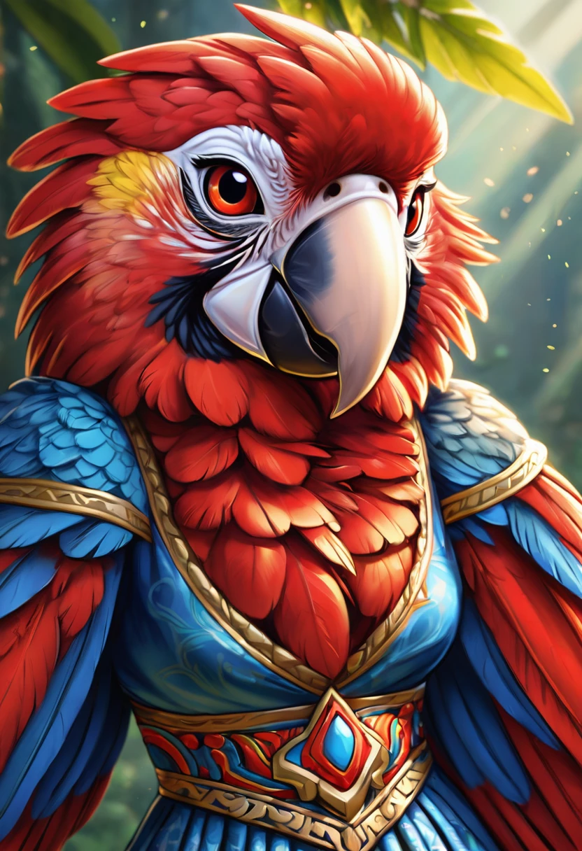 Create an realistic illustrated, hand-drawn, full-color image of an anthropomorphic Scarlet macaw women. The artwork should be rendered in the style of "Breath of the Wild," featuring warm lighting and shadows. Include graphite shading, stencil marks, and airbrushed acrylic paint effects. dress. The image should be of the highest quality, a masterpiece with intricate details. The Scarlet macaw women should have a female, humanoid, appearance. She should have luscious lips, a wide smile, and bright, expressive eyes, exuding beauty, cuteness, and adorableness. Ensure the image is high resolution and sharply detailed, with a detailed and vibrant background. Incorporate mystical lighting in the background, creating a romantic and enchanting atmosphere.
