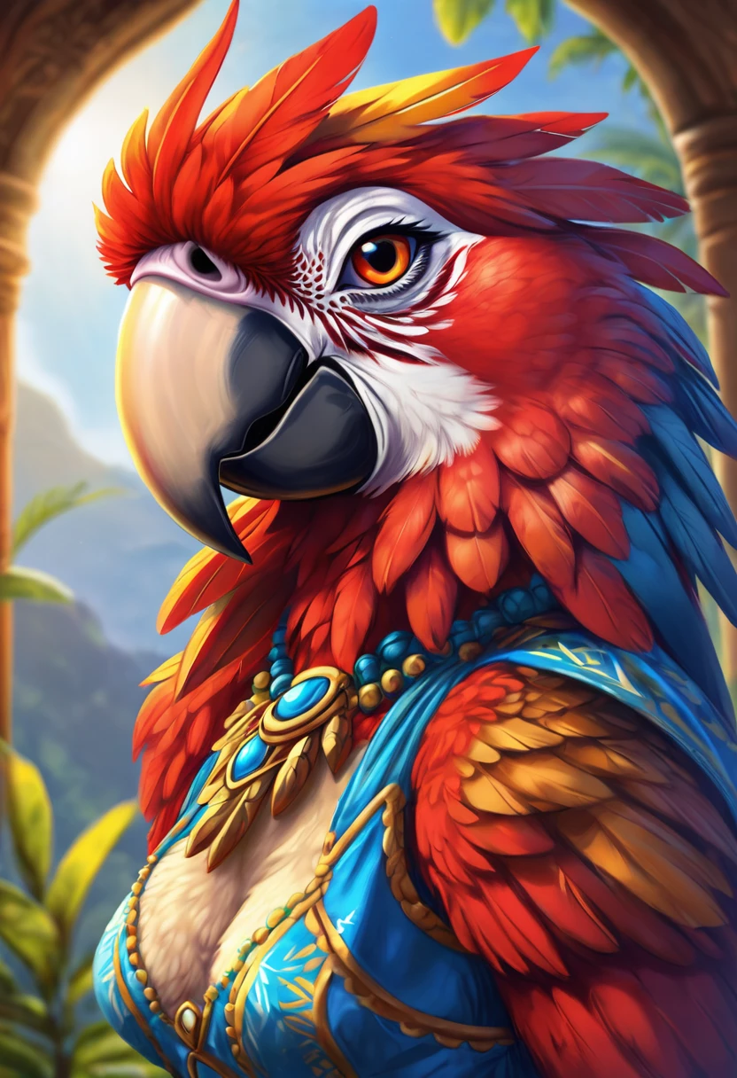 Create an realistic illustrated, hand-drawn, full-color image of an anthropomorphic Scarlet macaw women. The artwork should be rendered in the style of "Breath of the Wild," featuring warm lighting and shadows. Include graphite shading, stencil marks, and airbrushed acrylic paint effects. dress. The image should be of the highest quality, a masterpiece with intricate details. The Scarlet macaw women should have a female, humanoid, appearance. She should have luscious lips, a wide smile, and bright, expressive eyes, exuding beauty, cuteness, and adorableness. Ensure the image is high resolution and sharply detailed, with a detailed and vibrant background. Incorporate mystical lighting in the background, creating a romantic and enchanting atmosphere.