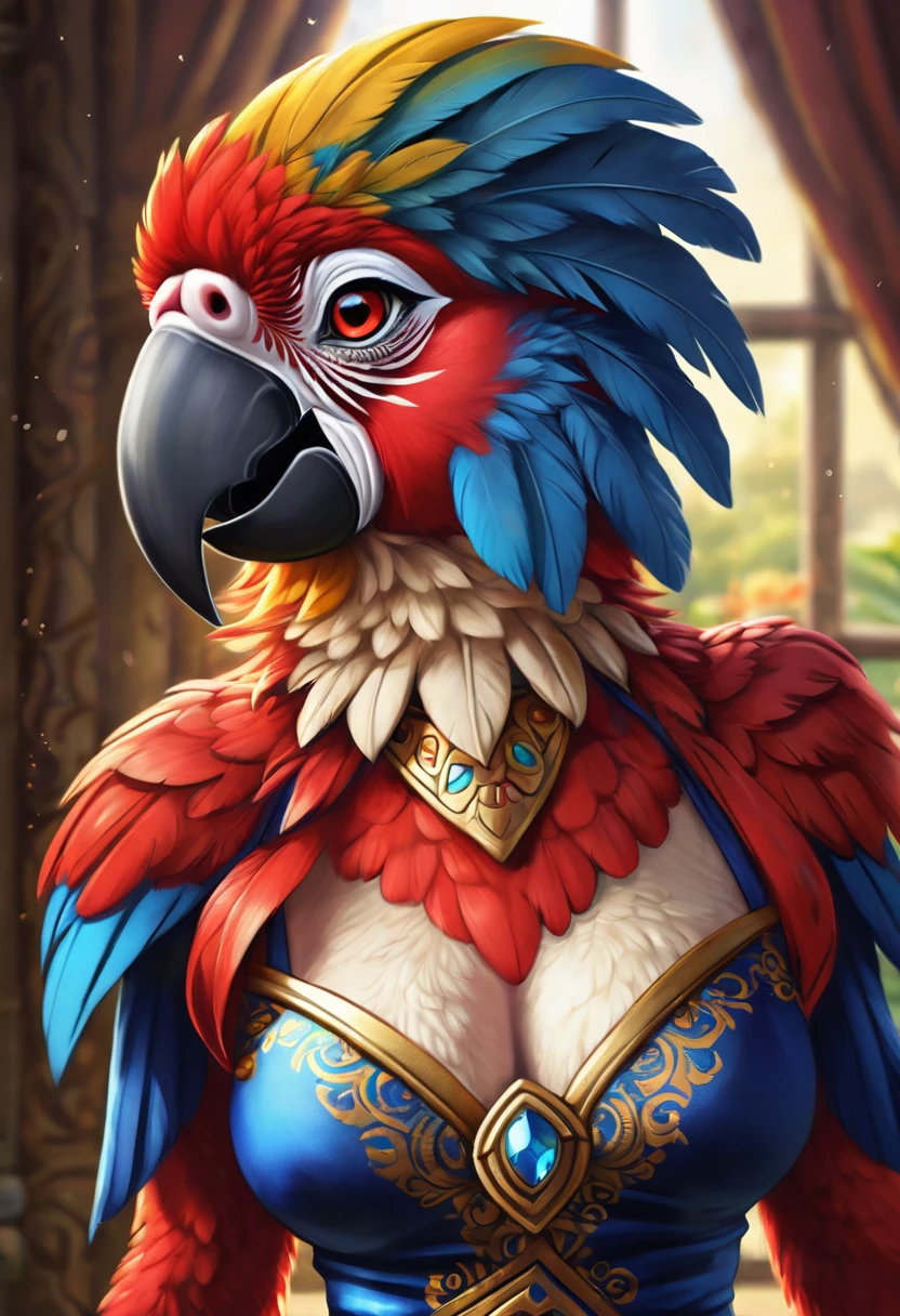 Create an realistic illustrated, hand-drawn, full-color image of an anthropomorphic Scarlet macaw women. The artwork should be rendered in the style of "Breath of the Wild," featuring warm lighting and shadows. Include graphite shading, stencil marks, and airbrushed acrylic paint effects. dress. The image should be of the highest quality, a masterpiece with intricate details. The Scarlet macaw women should have a female, humanoid, appearance. She should have luscious lips, a wide smile, and bright, expressive eyes, exuding beauty, cuteness, and adorableness. Ensure the image is high resolution and sharply detailed, with a detailed and vibrant background. Incorporate mystical lighting in the background, creating a romantic and enchanting atmosphere.