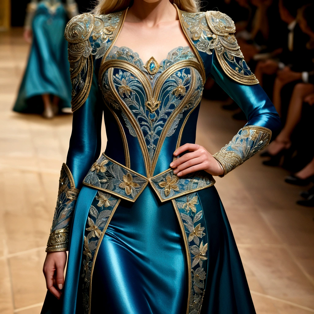 a blonde woman her outfit is a fanciful and elaborate outfit, resembling a combination of dress and armor. The dominant colors are deep blue, turquoise, and gold highlights. The bodice is composed of two shell- or petal-shaped parts, an iridescent blue with green and gold highlights. These elements appear rigid and metallic, like stylized armor. The shoulder pads are delicate and ornate. They are made of a light blue material and feature lace or filigree patterns, giving a delicate yet protective appearance. The forearms are covered in what appear to be cuffs or armbands. They are the same blue-green hue as the rest of the outfit, with intricate patterns reminiscent of scales or stylized leaves. These elements extend from the wrist to the elbow, merging harmoniously with the rest of the outfit. The lower part of the outfit is a flowing, transparent shorty, revealing sparkling patterns that evoke a starry sky. The entire outfit gives a sense of fluidity and movement, while incorporating elements that suggest strength and protection, creating a fascinating mix between a whimsical shorty and elegant armor.