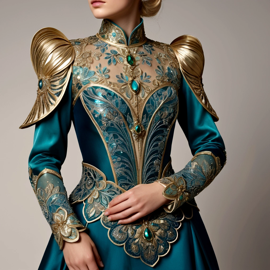 a blonde woman her outfit is a fanciful and elaborate outfit, resembling a combination of dress and armor. The dominant colors are deep blue, turquoise, and gold highlights. The bodice is composed of two shell- or petal-shaped parts, an iridescent blue with green and gold highlights. These elements appear rigid and metallic, like stylized armor. The shoulder pads are delicate and ornate. They are made of a light blue material and feature lace or filigree patterns, giving a delicate yet protective appearance. The forearms are covered in what appear to be cuffs or armbands. They are the same blue-green hue as the rest of the outfit, with intricate patterns reminiscent of scales or stylized leaves. These elements extend from the wrist to the elbow, merging harmoniously with the rest of the outfit. The lower part of the outfit is a flowing, transparent shorty, revealing sparkling patterns that evoke a starry sky. The entire outfit gives a sense of fluidity and movement, while incorporating elements that suggest strength and protection, creating a fascinating mix between a whimsical shorty and elegant armor.