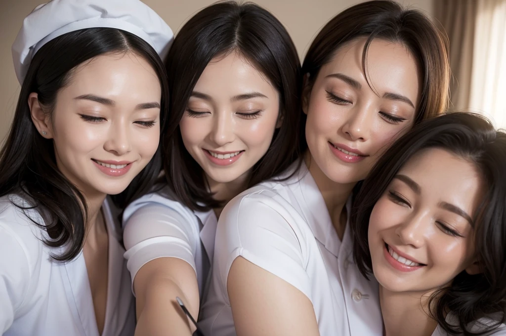 three sexy women in midwife outfits, flirtatious smiles, on bed, closed eyes, opened mouths moaning, close up faces portrait