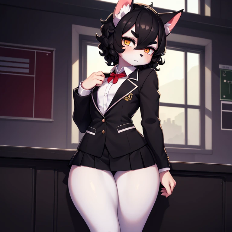 (high-res masterpiece)) , ((best quality)), illustration, furry, cat, animal ears, tail, bodyfur, black fur, 1girl, POV, full body, 1girl solo *//*, red eyes, blushing *//*, black trench coat, looking at viewer, lifting skirt, red skirt, no panties