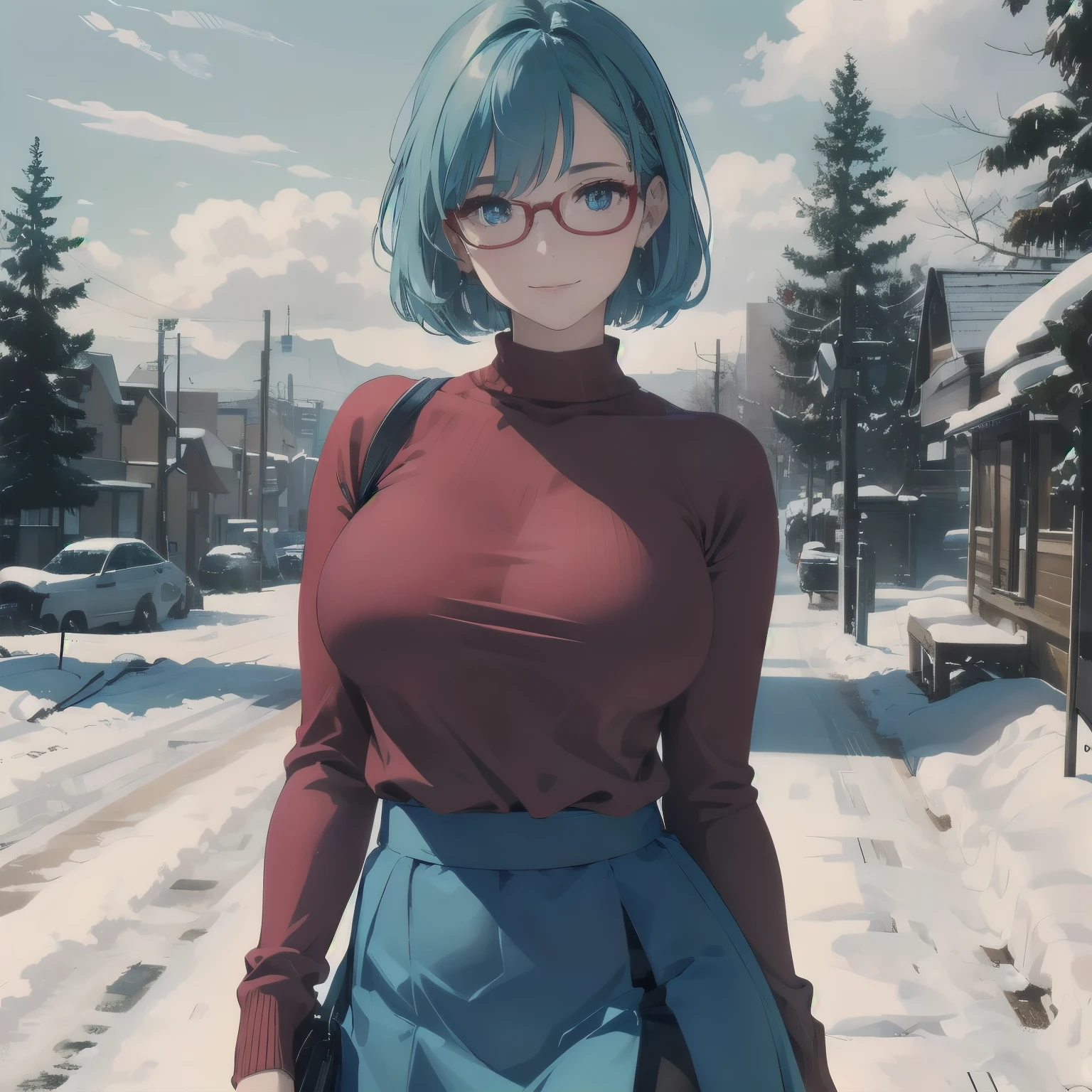 (masterpiece), 1girl, best quality, expressive eyes, perfect face, (huge breasts), short hair, blue eyes BREAK light blue hair BREAK side cut, red glasses BREAK ((mature woman, mature female)), (GILF), outdoors, upper body, standing, snow, day sky, cloudy sky, snow trees, red sweater BREAK blue skirt, pantyhose, smile, looking at viewer, closed mouth,