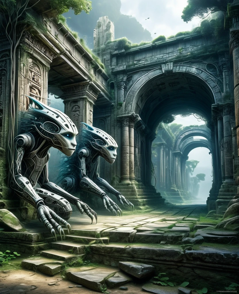 Cybernetic organisms merge with ancient ruins, bridging the gap between past and future civilizations. Photorealistic