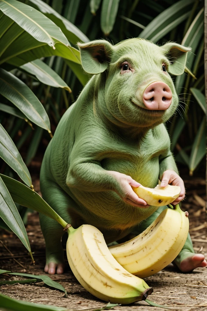 A green pig eating banana