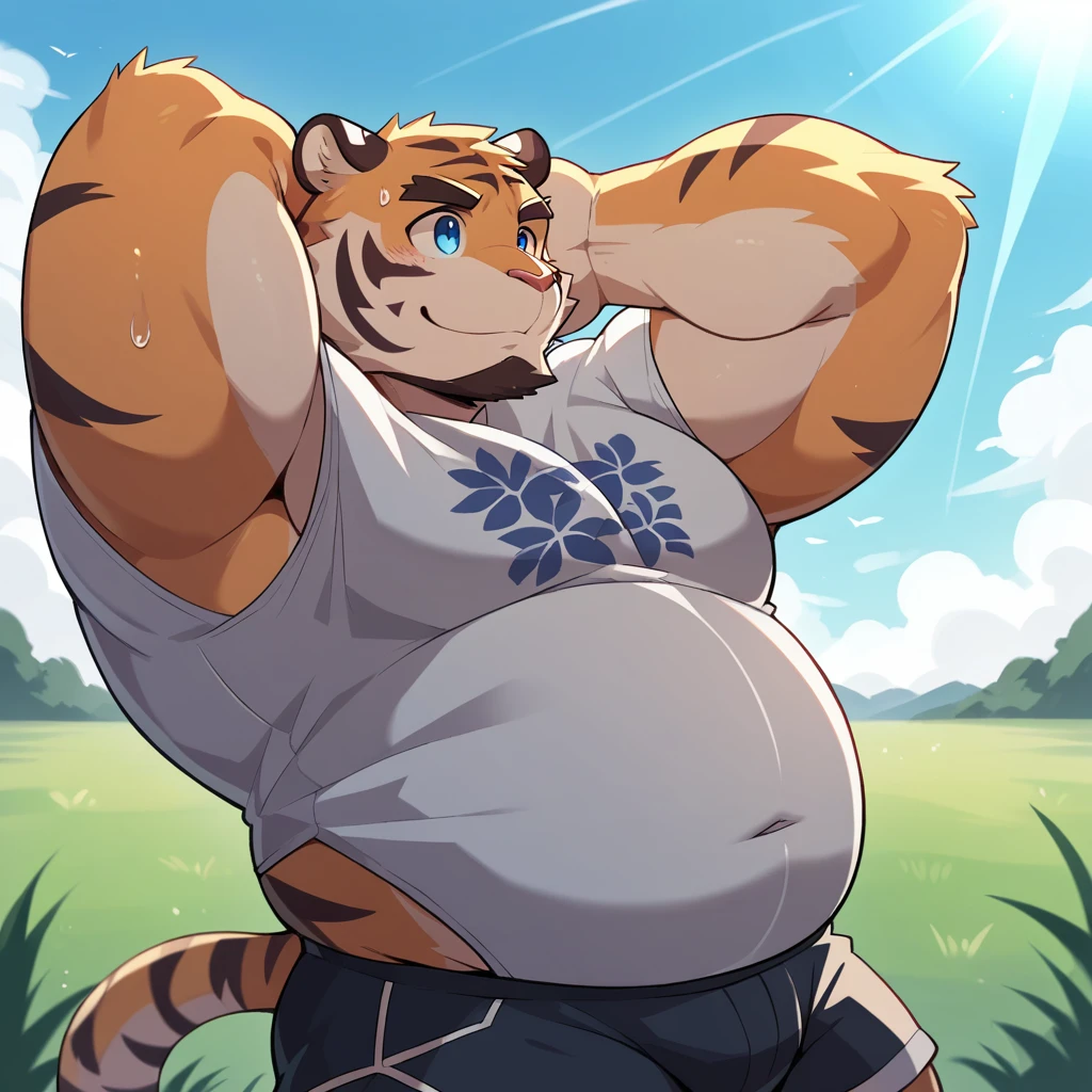 NJ5furry,tiger，solitary，Beast field，chubby, Thick arms，Strong muscles，shorts，Plush，Chubby face，Black eyebrows，Sky blue eyes，beard，Smile，（Simple background），on the grass，on back，look up to the sky，(side view:1.1),(Put your hands behind your head)，（Floral shirt，shorts），Sunlight，（sweat）,by zixiong, Takemoto Arashi