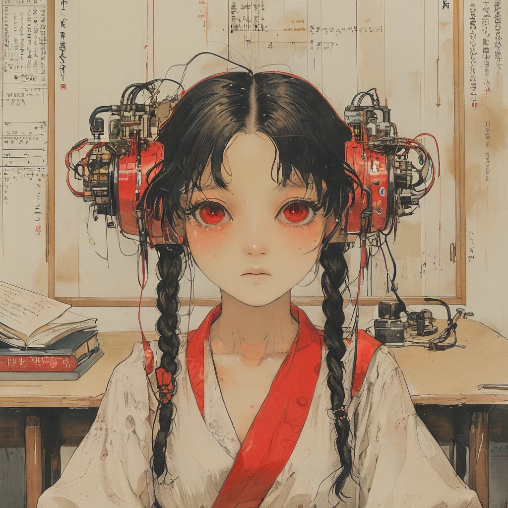 Cover your entire face with a skull mask, Highest quality, Katsushika Hokusai, Ink Painting, beautiful girl, Japanese style headphones, Delicate and precise, Modern ukiyo-e style, long hair, Japanese flag