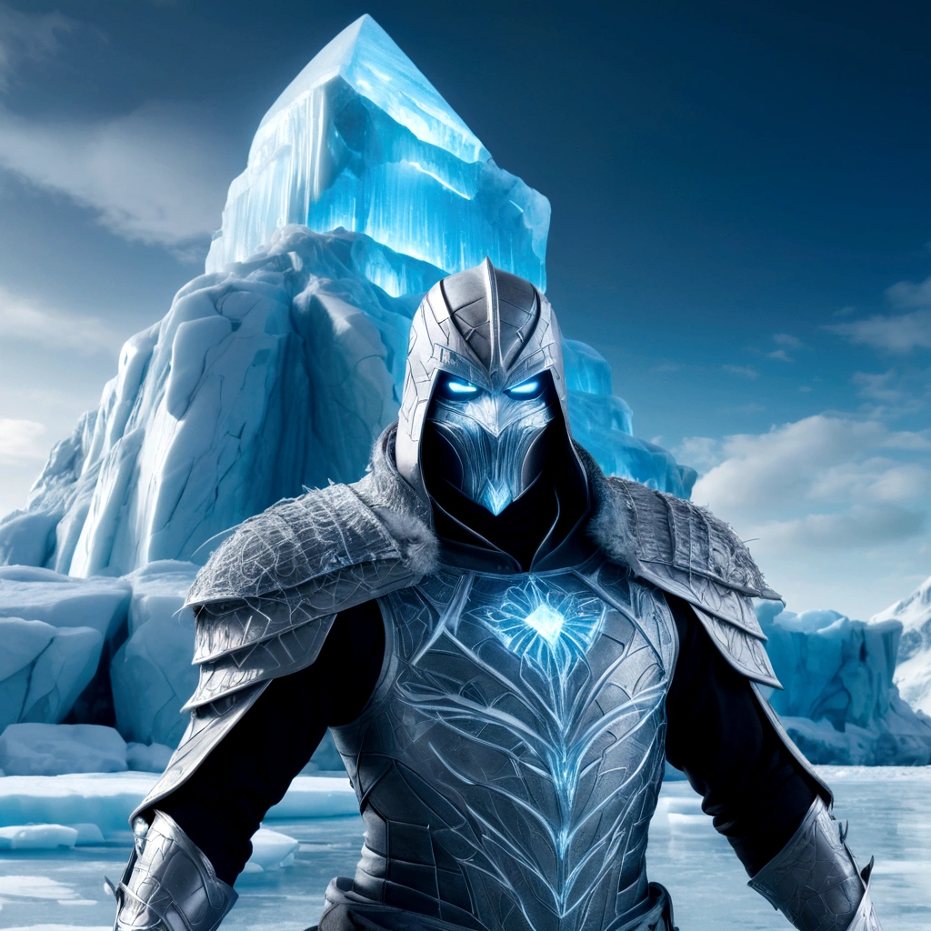 (extremely detailed 8k wallpaper), a medium shot photo of scary Grim dressed as a icey masked ice-supervillain in an armour made of icey glowing wires from marvel, theme, intricate, high detail, dramatic, old scary building with a huge iceberg in the background