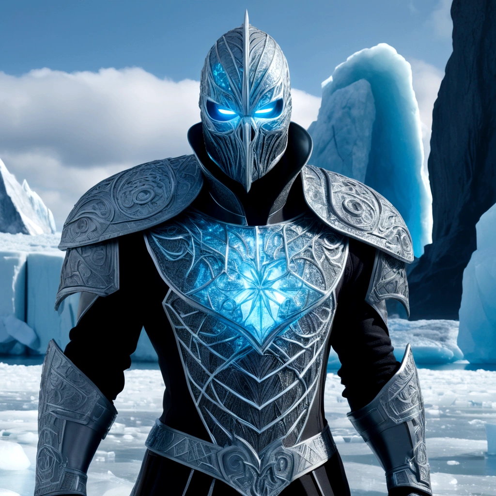 (extremely detailed 8k wallpaper), a medium shot photo of scary Grim dressed as a icey masked ice-supervillain in an armour made of icey glowing wires from marvel, theme, intricate, high detail, dramatic, old scary building with a huge iceberg in the background