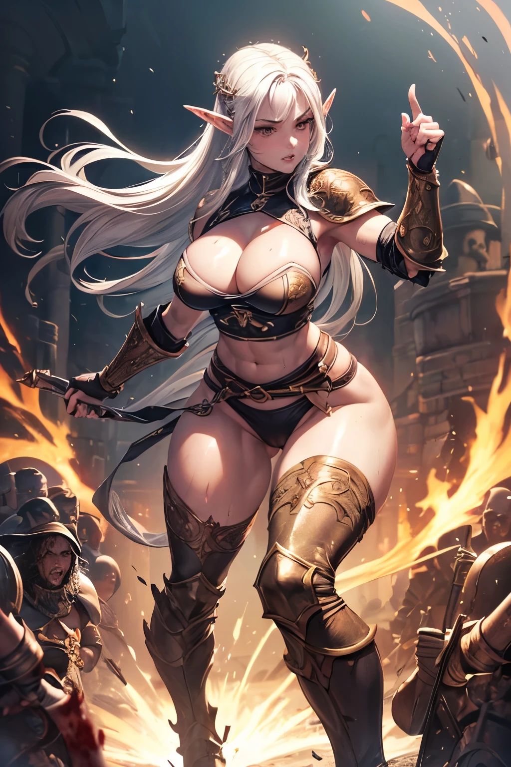 (Masterpiece), (best quality at best), (full body), (woman), facing at camera, (ultra intricately detailed), (highest definition), (8K), (clean lines), (perfect facial features), (perfect flesh), (TRPG), (berserker:1.2), savage, brave, (round breasts), (bubble butt), (wide hips:1.1), (slim waist:1.1), (thick thighs:1.1), (detailed face and eyes:1.2), (disheed hair), (half-elf:1.1), (scars:1.2), fury, white skin, (athletic body), abs, (crude leather armor:1.2), (splashed blood:1.2), medieval times, bandits, brutality, (detailed hand and finger:1.2), (medium breasts:1.2), (busty), (deep cleavage:1.2), (labia outline:1.3), (hard teat:1.3).