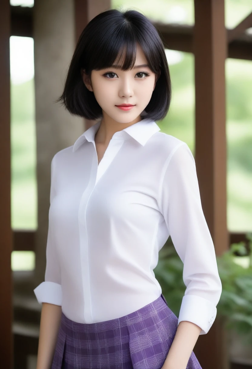8K, Ultra-high resolution, Highest quality, masterpiece, 三分割法によるphotograph,Surreal, photograph, 1 Girl, (:1.3), pretty girl, Cute face, Beautiful eyes in every detail, 細かくdetailedに,masterpiece,, One Girl:1.2, Japan Female Announcer,whole body,(Absurd, High Fantasy Art, Best HD images, 注意深くdetailedに, 非常にdetailedな特徴と質感), Solo Character, 16 years oldhas short black hair, Purple eyes with black pupils, Flat Chest, Slim texture, Very thin lips, White skin, (Scottish short skirt, White blouse with collar, silver meral belt between her Scottish short skirt and belly), Confident pose, Very serious face, No Sense of Humor Irish Wooden Cottage with Ancient Greek and Celtic Furniture, Attractive thighs, Sensual,A carefree smile,Heal the heart,Black Hair,Short Bob,Looking at the audience、beauty,Long neck、Laugh a little、Please close your mouth and laugh、(((Ideal body type))),A cup small breasts :2,、Portraiture:2、Perfect Anatomy、鮮明なdetailed、detailed、Surreal、Light and shadow,Strong light