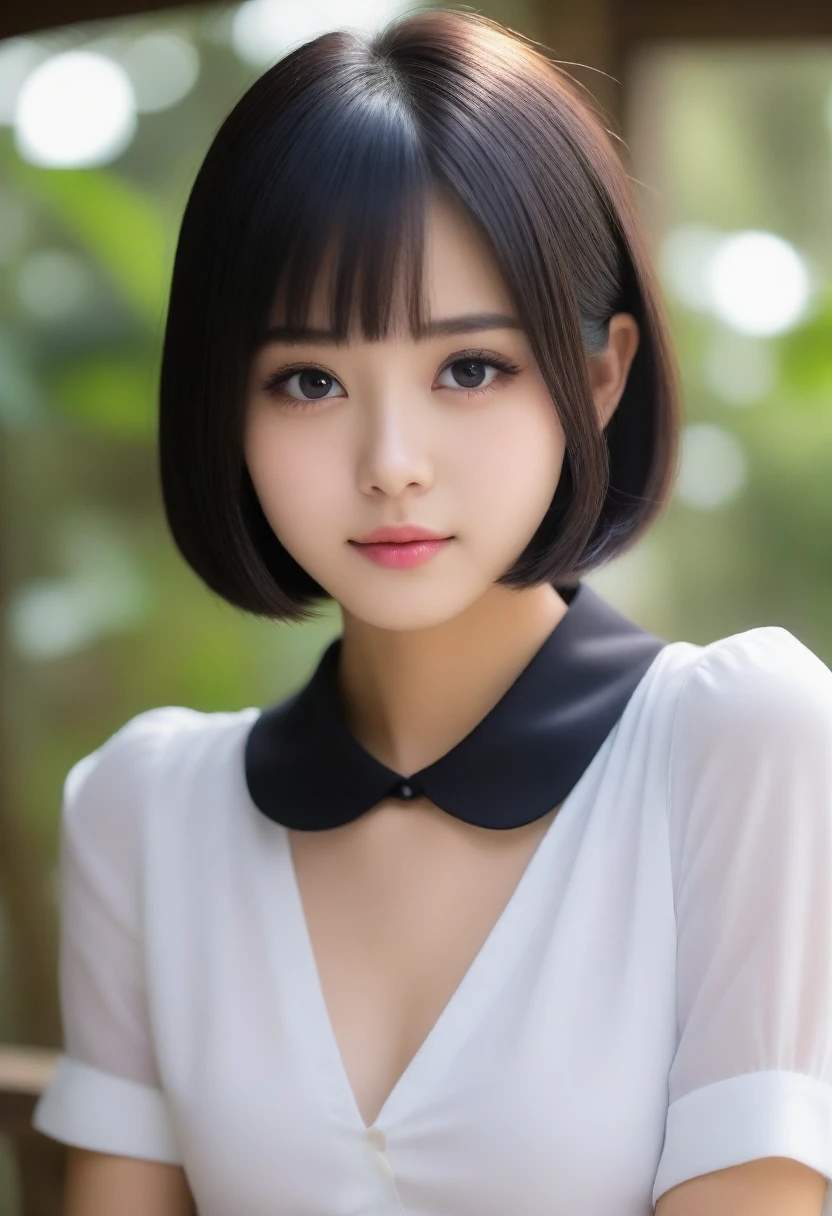 8K, Ultra-high resolution, Highest quality, masterpiece, 三分割法によるphotograph,Surreal, photograph, 1 Girl, (16 years old:1.3), pretty girl, Cute face, Beautiful eyes in every detail, 細かくdetailedに,masterpiece,, One Girl:1.2, Japan Female Announcer,whole body,(Absurd, High Fantasy Art, Best HD images, 注意深くdetailedに, 非常にdetailedな特徴と質感), Solo Character, 16 years oldの野蛮な少女, She has short black hair, Purple eyes with black pupils, Flat Chest, Slim texture, Very thin lips, White skin, (Scottish short skirt, White blouse with collar, silver meral belt between her Scottish short skirt and belly), Confident pose, Very serious face, No Sense of Humor Irish Wooden Cottage with Ancient Greek and Celtic Furniture, Attractive thighs, Sensual,A carefree smile,Heal the heart,Black Hair,Short Bob,Looking at the audience、beauty,Long neck、Laugh a little、Please close your mouth and laugh、(((Ideal body type))),A cup small breasts :2,、Portraiture:2、Perfect Anatomy、鮮明なdetailed、detailed、Surreal、Light and shadow,Strong light