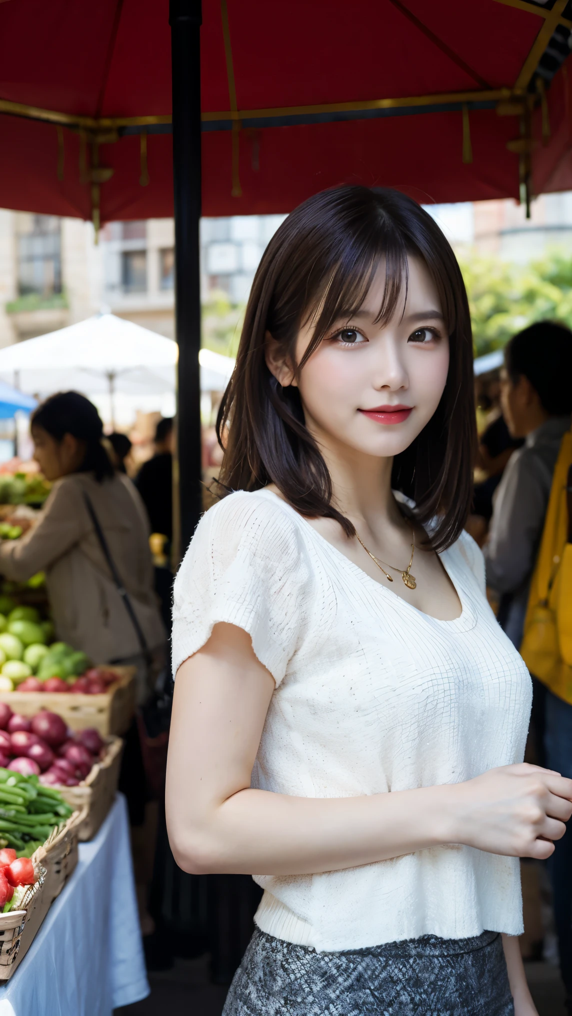 highest quality, masterpiece, 8K, ultra high resolution, (realistic: 1.4), beautiful face, symmetrical eyes, European, white hair, smile, wearing makeup, high-definition images, atmospheric perspective, super detail, accurate, best quality, an European lady, drooping eyes, sleepy face, blush, skirt, high boots, necklace, A bustling traditional market with colorful stalls selling fresh produce, flowers, and handmade goods.