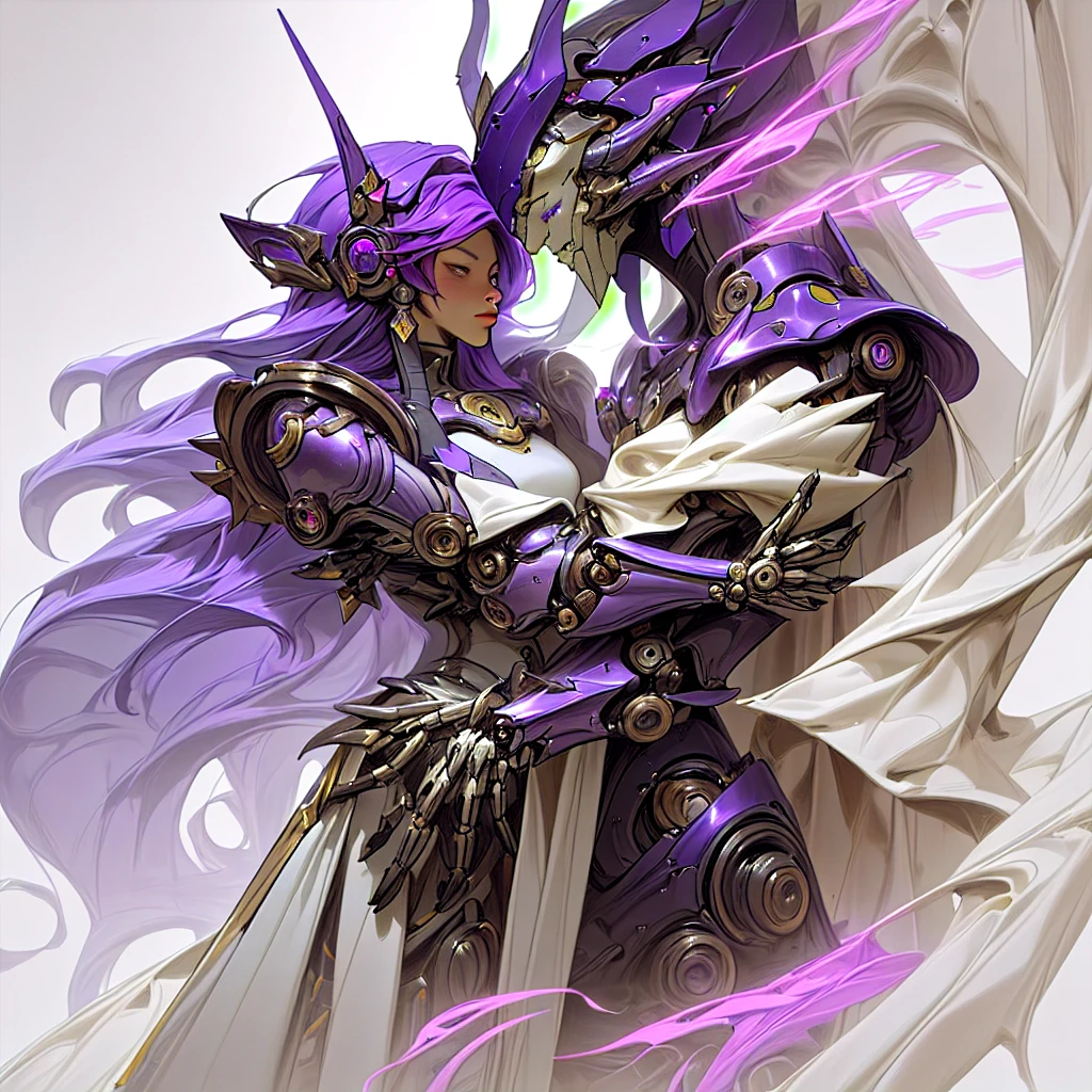 Close-up of a purple and white robot wearing a purple helmet, unknown art style, purple armor, mysterious art style, nocturne from league of legends, avatar image, artifact - free, drawn in lasso style, ethereal and mechanical theme, epic art style, shock, sleek purple armor, The Art of the Future, Discord profile picture