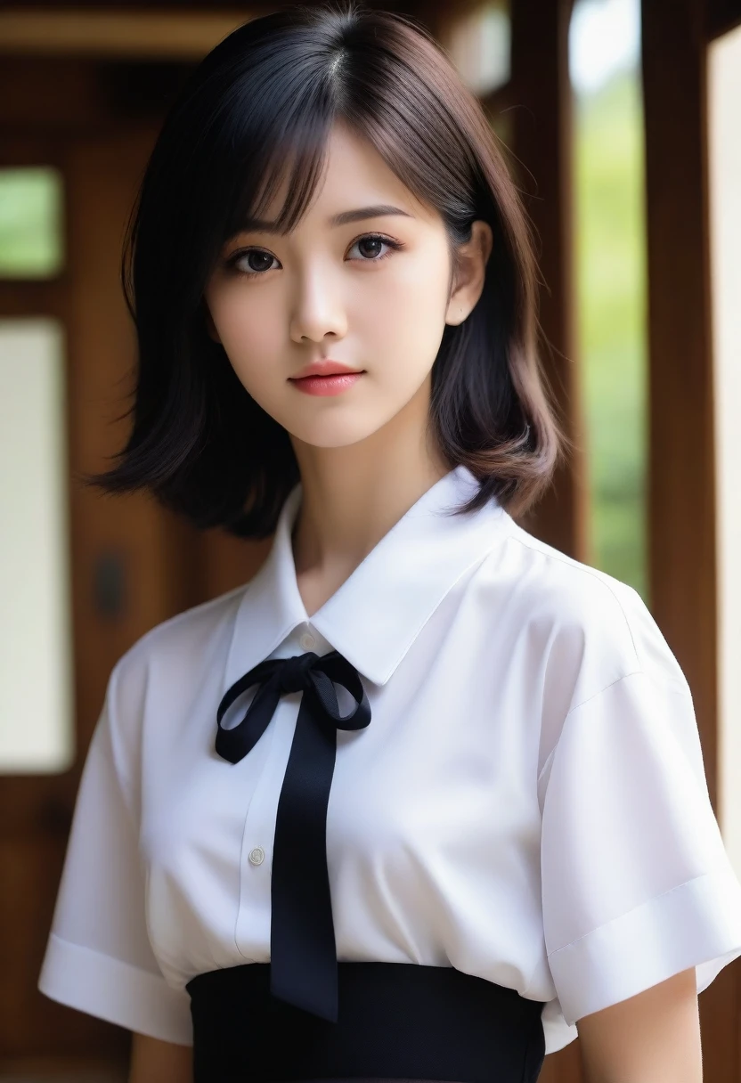 8K, Ultra-high resolution, Highest quality, masterpiece, 三分割法によるphotograph,Surreal, photograph, 1 Girl, (16 years old:1.3), pretty girl, Cute face, Beautiful eyes in every detail, 細かくdetailedに,masterpiece,, One Girl:1.2, Japan Female Announcer,whole body,(Absurd, High Fantasy Art, Best HD images, 注意深くdetailedに, 非常にdetailedな特徴と質感), Solo Character, 16 years oldの野蛮な少女, She has short black hair, Purple eyes with black pupils, Flat Chest, Slim texture, Very thin lips, White skin, (Scottish short skirt, White blouse with collar, silver meral belt between her Scottish short skirt and belly), Confident pose, Very serious face, No Sense of Humor Irish Wooden Cottage with Ancient Greek and Celtic Furniture, Attractive thighs, Sensual,A carefree smile,Heal the heart,Black Hair,Short Bob,Looking at the audience、beauty,Long neck、Laugh a little、Please close your mouth and laugh、(((Ideal body type))),A cup small breasts :2,、Portraiture:2、Perfect Anatomy、鮮明なdetailed、detailed、Surreal、Light and shadow,Strong light