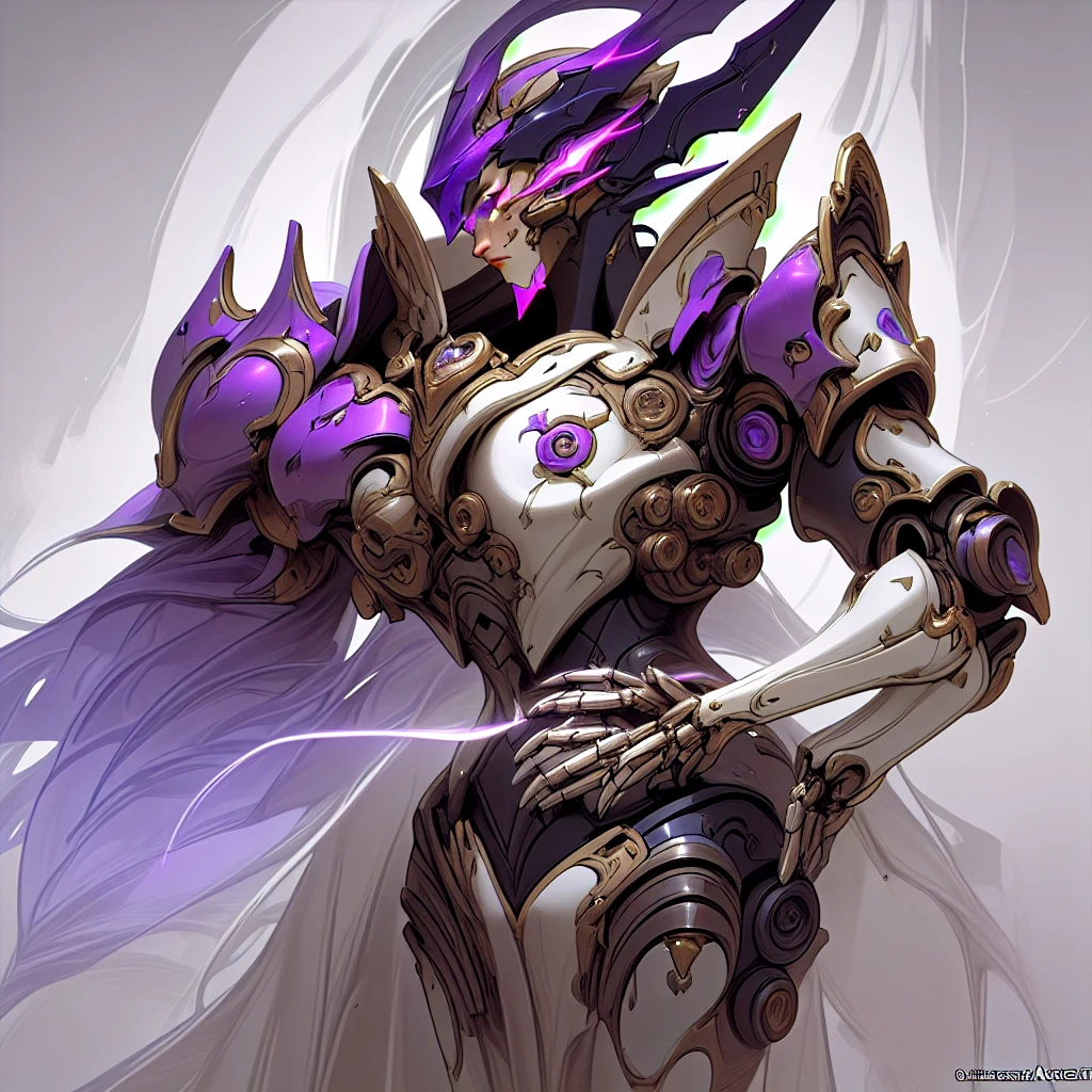Close-up of a purple and white robot wearing a purple helmet, unknown art style, purple armor, mysterious art style, nocturne from league of legends, avatar image, artifact - free, drawn in lasso style, ethereal and mechanical theme, epic art style, shock, sleek purple armor, The Art of the Future, Discord profile picture