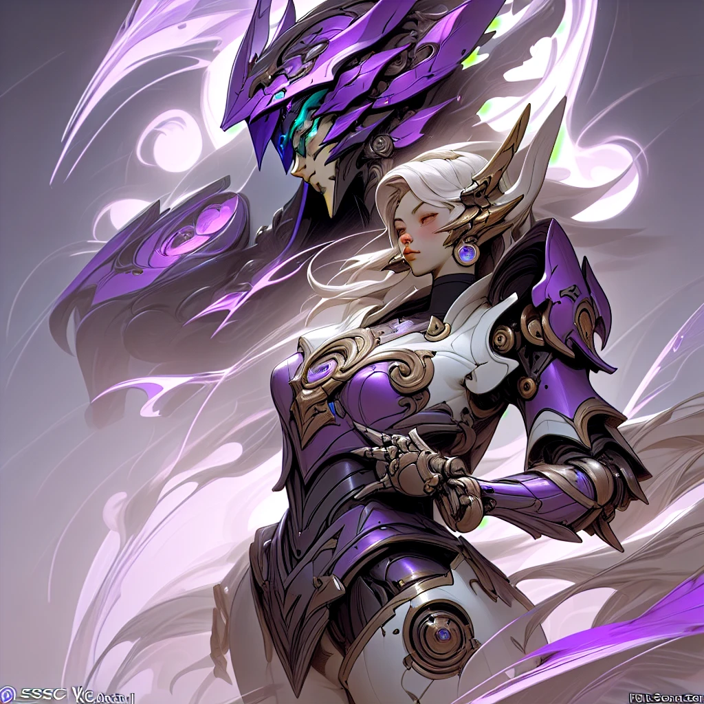 Close-up of a purple and white robot wearing a purple helmet, unknown art style, purple armor, mysterious art style, nocturne from league of legends, avatar image, artifact - free, drawn in lasso style, ethereal and mechanical theme, epic art style, shock, sleek purple armor, The Art of the Future, Discord profile picture