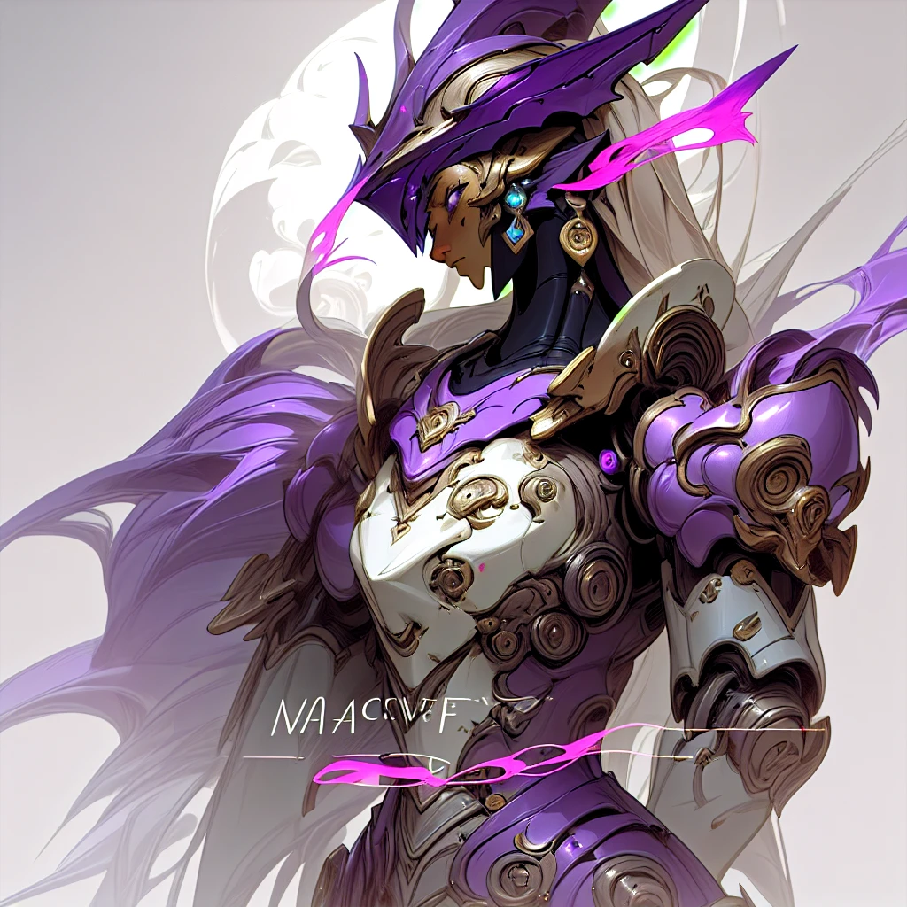 Close-up of a purple and white robot wearing a purple helmet, unknown art style, purple armor, mysterious art style, nocturne from league of legends, avatar image, artifact - free, drawn in lasso style, ethereal and mechanical theme, epic art style, shock, sleek purple armor, The Art of the Future, Discord profile picture