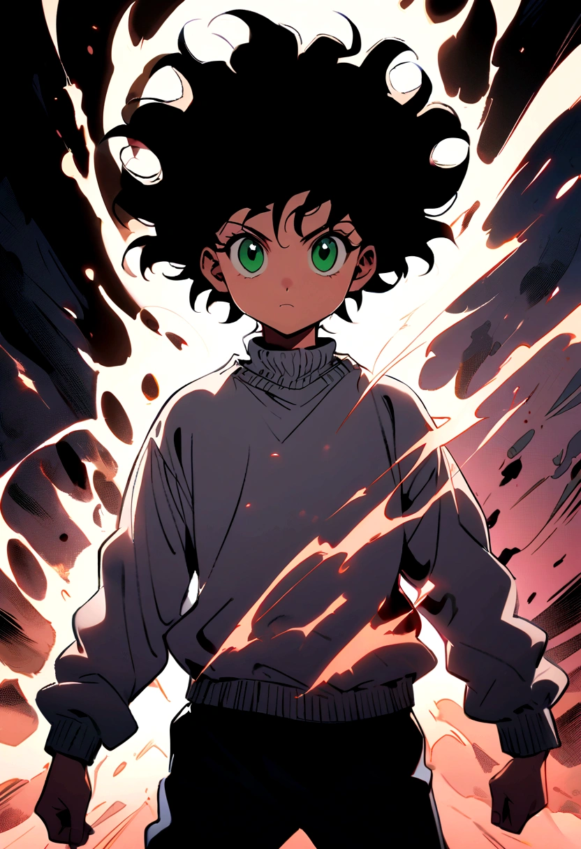  boy with black wavy hair and green eyes wearing a grey sweater in hunter x hunter manga style