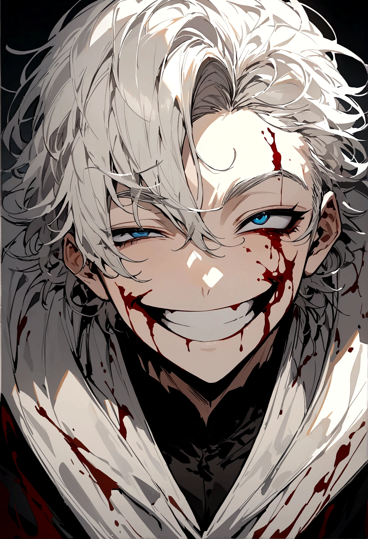 A handsome young man,white hair and beautiful eyes,long eyelashes that gave the aura of madness,the right eye was open wide and the left eye was squinted in a curve,he had a crazy wide smile,with blood stains on his cheeks, front-facing,front view,wears blood stained clothes, masterpiece.