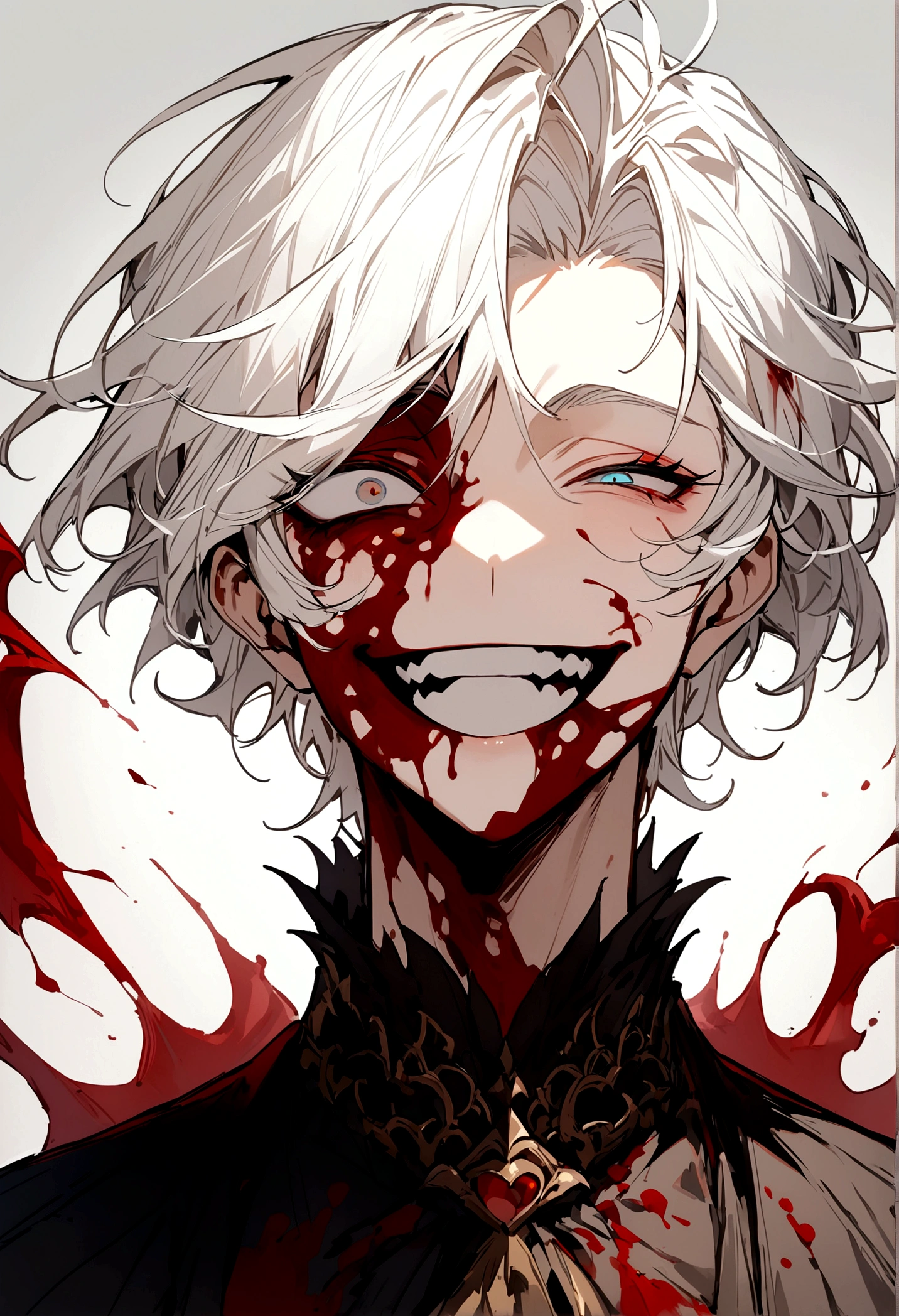 A handsome young man,white hair and beautiful eyes,long eyelashes that gave the aura of madness,the right eye was open wide and the left eye was squinted in a curve,he had a crazy wide smile,with blood stains on his cheeks, front-facing,front view,wears blood stained clothes, masterpiece.