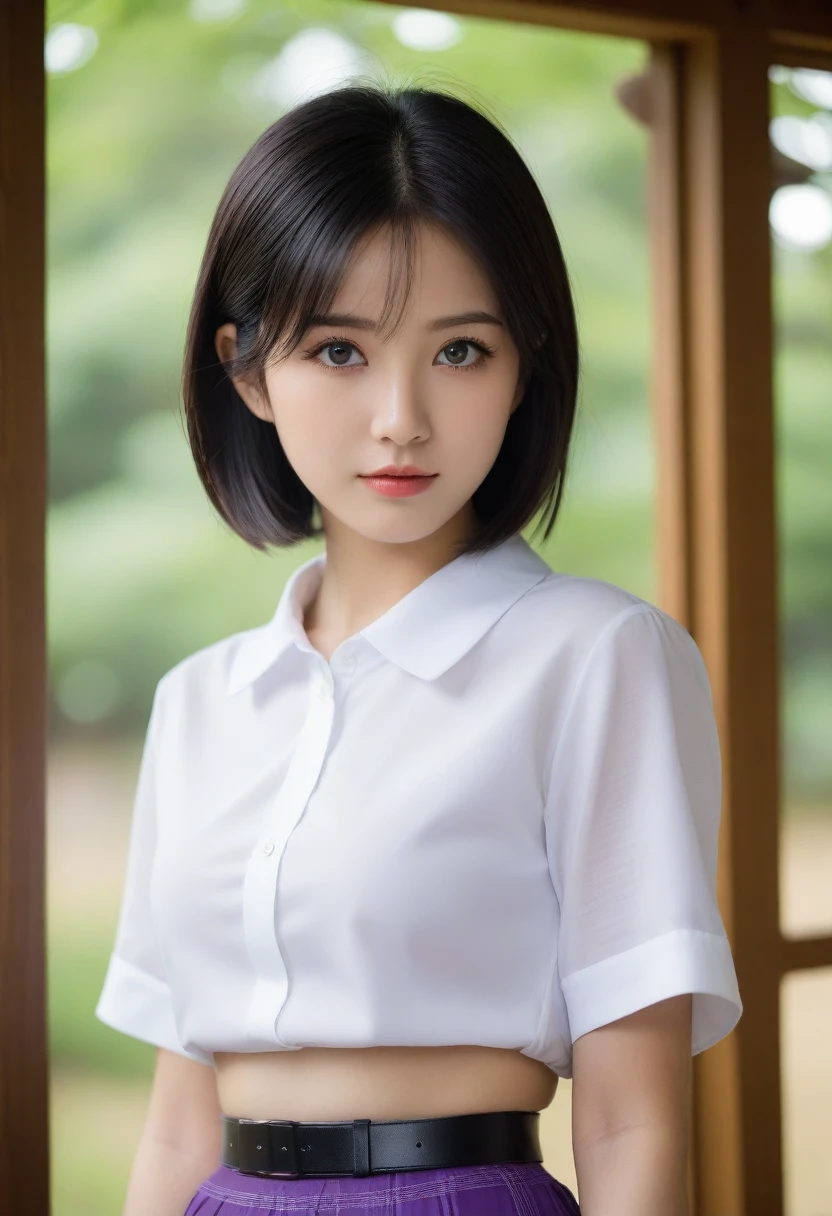 8K, Ultra-high resolution, Highest quality, masterpiece, 三分割法によるphotograph,Surreal, photograph, 1 Girl, (:1.3), pretty girl, Cute face, Beautiful eyes in every detail, 細かくdetailedに,masterpiece,, One Girl:1.2, Japan Female Announcer,whole body,(Absurd, High Fantasy Art, Best HD images, 注意深くdetailedに, 非常にdetailedな特徴と質感), Solo Character, 16 years oldhas short black hair, Purple eyes with black pupils, Flat Chest, Slim texture, Very thin lips, White skin, (Scottish short skirt, White blouse with collar, silver meral belt between her Scottish short skirt and belly), Confident pose, Very serious face, No Sense of Humor Irish Wooden Cottage with Ancient Greek and Celtic Furniture, Attractive thighs, Sensual,A carefree smile,Heal the heart,Black Hair,Short Bob,Looking at the audience、beauty,Long neck、Laugh a little、Please close your mouth and laugh、(((Ideal body type))),A cup small breasts :2,、Portraiture:2、Perfect Anatomy、鮮明なdetailed、detailed、Surreal、Light and shadow,Strong light