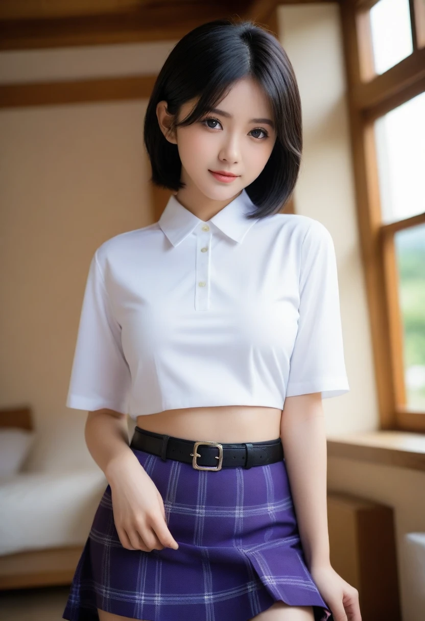 8K, Ultra-high resolution, Highest quality, masterpiece, 三分割法によるphotograph,Surreal, photograph, 1 Girl, (16 years old:1.3), pretty girl, Cute face, Beautiful eyes in every detail, 細かくdetailedに,masterpiece,, One Girl:1.2, Japan Female Announcer,whole body,(Absurd, High Fantasy Art, Best HD images, 注意深くdetailedに, 非常にdetailedな特徴と質感), Solo Character, 16 years oldの野蛮な少女, She has short black hair, Purple eyes with black pupils, Flat Chest, Slim texture, Very thin lips, White skin, (Scottish short skirt, White blouse with collar, silver meral belt between her Scottish short skirt and belly), Confident pose, Very serious face, No Sense of Humor Irish Wooden Cottage with Ancient Greek and Celtic Furniture, Attractive thighs, Sensual,A carefree smile,Heal the heart,Black Hair,Short Bob,Looking at the audience、beauty,Long neck、Laugh a little、Please close your mouth and laugh、(((Ideal body type))),A cup small breasts :2,、Portraiture:2、Perfect Anatomy、鮮明なdetailed、detailed、Surreal、Light and shadow,Strong light