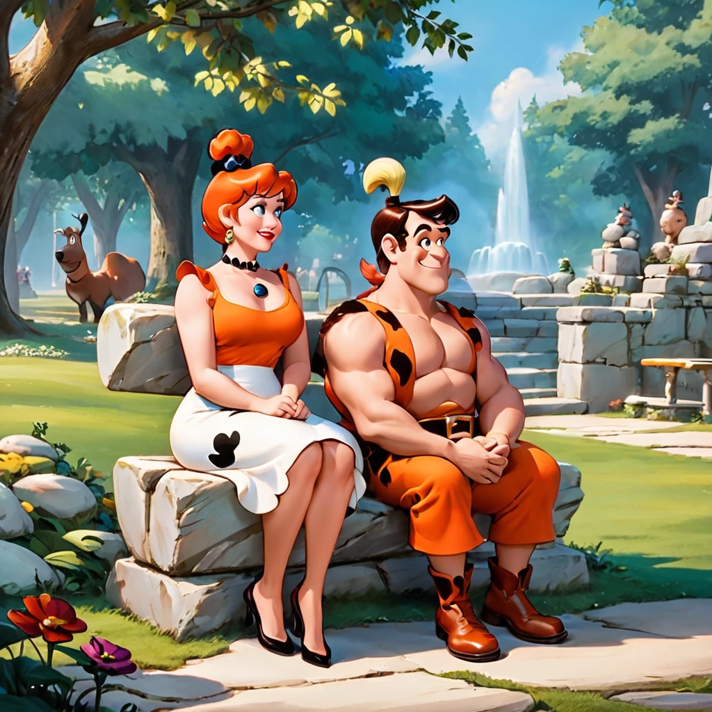 Fred and Wilma Flintstone sitting on a stone bench in the park