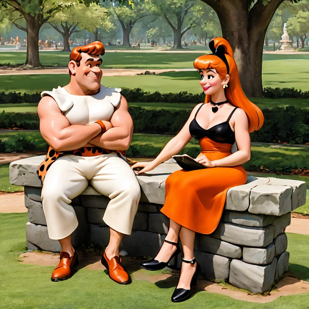 Fred and Wilma Flintstone sitting on a stone bench in the park