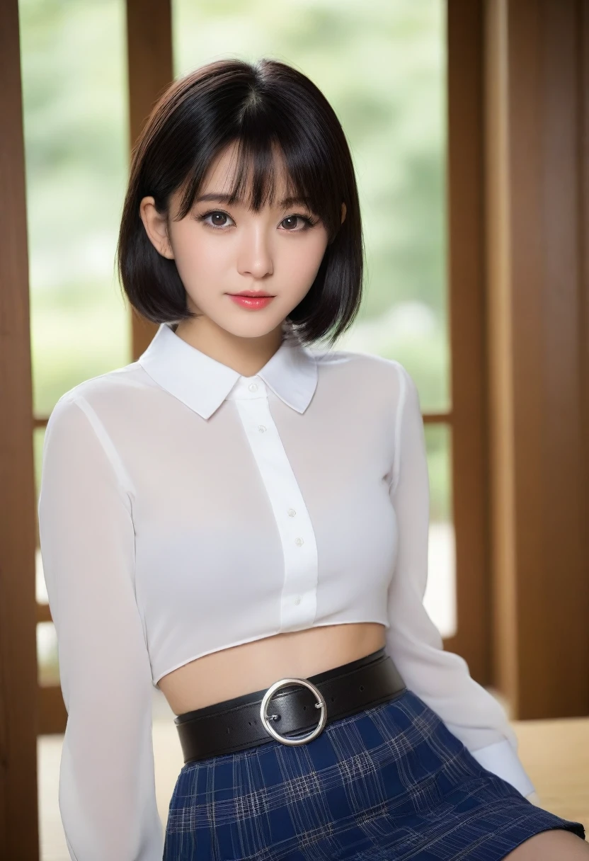8K, Ultra-high resolution, Highest quality, masterpiece, 三分割法によるphotograph,Surreal, photograph, 1 Girl, (:1.3), pretty girl, Cute face, Beautiful eyes in every detail, 細かくdetailedに,masterpiece,, One Girl:1.2, Japan Female Announcer,whole body,(Absurd, High Fantasy Art, Best HD images, 注意深くdetailedに, 非常にdetailedな特徴と質感), Solo Character, 16 years oldhas short black hair, Purple eyes with black pupils, Flat Chest, Slim texture, Very thin lips, White skin, (Scottish short skirt, White blouse with collar, silver meral belt between her Scottish short skirt and belly), Confident pose, Very serious face, No Sense of Humor Irish Wooden Cottage with Ancient Greek and Celtic Furniture, Attractive thighs, Sensual,A carefree smile,Heal the heart,Black Hair,Short Bob,Looking at the audience、beauty,Long neck、Laugh a little、Please close your mouth and laugh、(((Ideal body type))),A cup small breasts :2,、Portraiture:2、Perfect Anatomy、鮮明なdetailed、detailed、Surreal、Light and shadow,Strong light