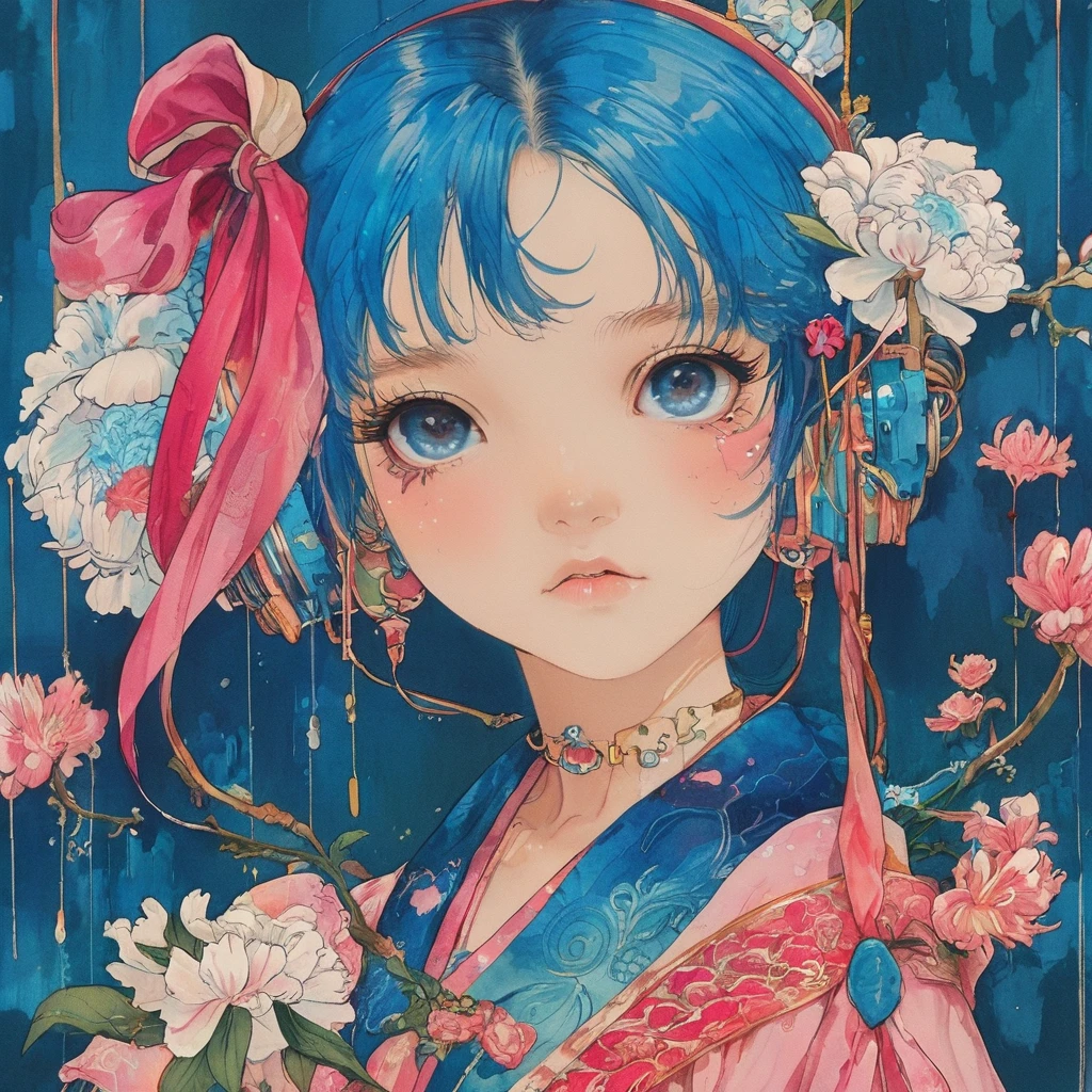 Beautiful Art Posters、1boy、Kinder world、((masutepiece)),((Best Quality)),((high detailing)), Pastel or pale colors、masterpiece、High Quality Art Poster、Calculated composition of the painting、Ariana's work is AI art with mandalas, flowers, and blue flowers as motifs.、Be fascinated、Her passionate color palette、Beautifully and clearly depicts the intricate geometric patterns of the mandala、Bringing quiet harmony of the heart to the viewer。The deep hue and ephemeral presence of the blue mandala flower、Blends into the work as a symbolic element interwoven with the joys of life、Ariana's work evokes introspection and impressions in the viewer