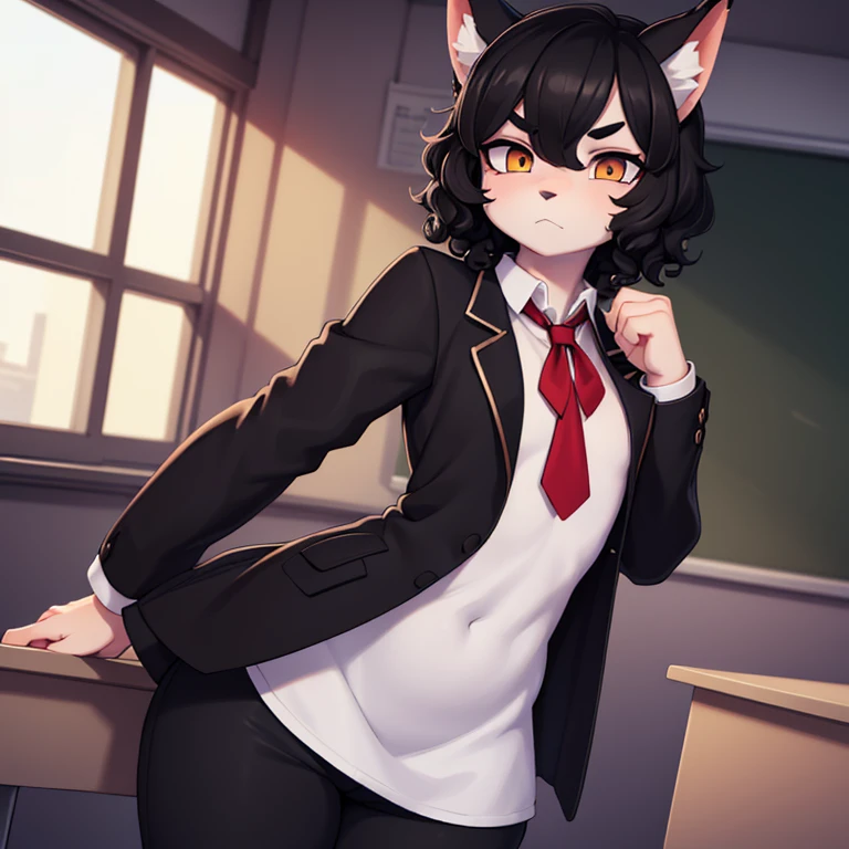 (masterpiece), (best quality), (high res) (solo), (perfect anatomy) (perfect face), wolf and sheep hybrid, (black hair), (black wool), (curly short hair), fair skin, ambiguous gender, (1boy1girl), flat chest, wide hips, thick thighs, (school uniform) (black pants), (black jacket with red lights), (white shirt), yellow glowing in the dark eyes, serious, androgynous, (long eyebrows), in a school room, distracted, looking at a window