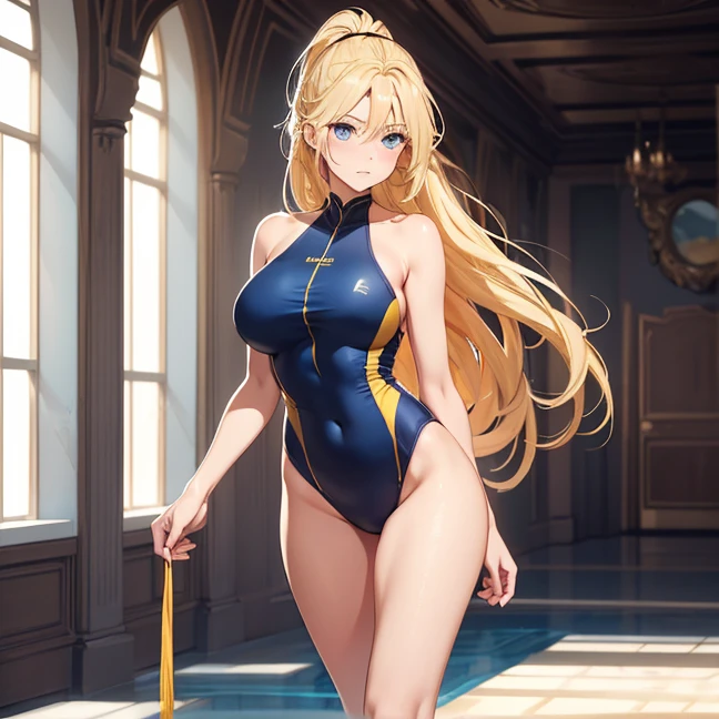 (Absurdres, master piece, best high quality image, very detailed features, very detailed textures, carefuly detailed with no deformed parts in all the artwork), only solo character, full body desing, standing alone.
A 40 years old beautiful woman, she has fair skin, blue eyes, yellow blonde golden long hair tied in a high ponytail with a long crimson ribbon, voluptuous figure, big breasts, (she wears: ligh blue one-piece swimsuit), serious calm expression, she walks relaxed around the palace pool.