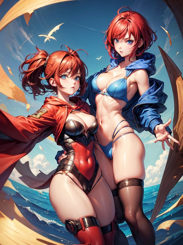 (masterpiece), best quality, expressive eyes, perfect face,(1girl),blue shiny_eyes:0.9, short red hair, cameltoe:0.9, cleavage, expressive nippels,(cleavage0.9), over sized hoodie, tigh highs,