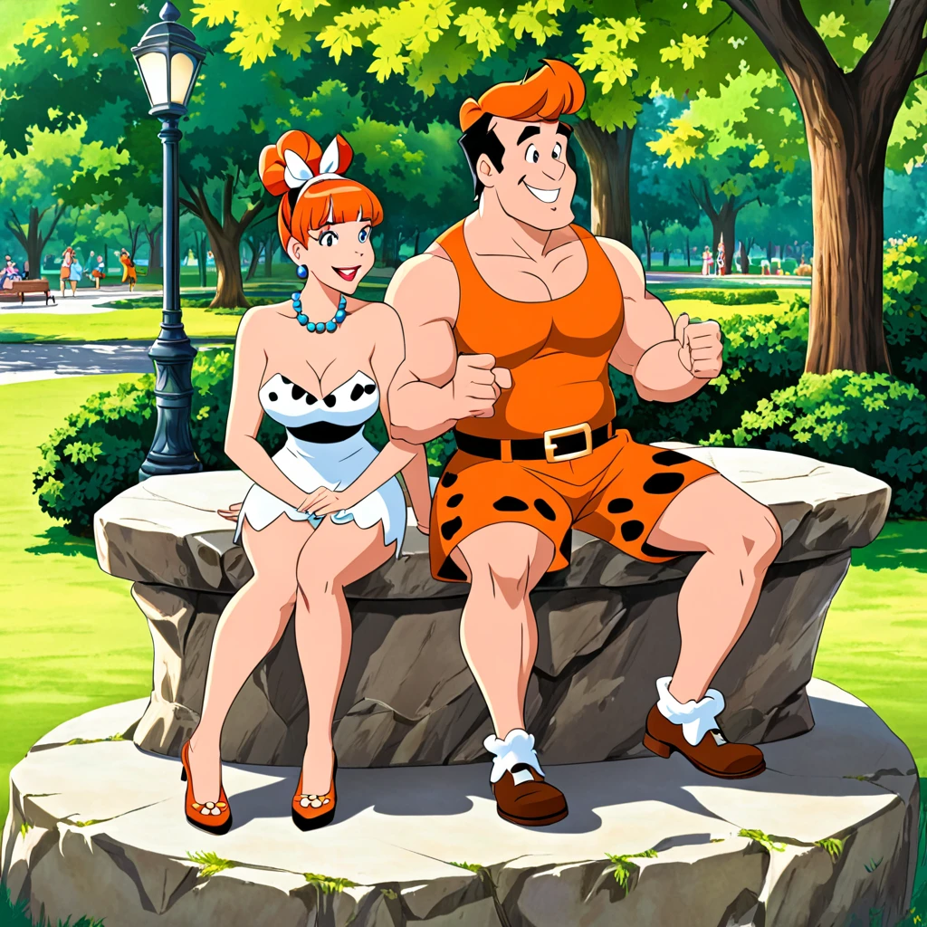 Fred and Wilma Flintstone sitting on a stone bench in the park