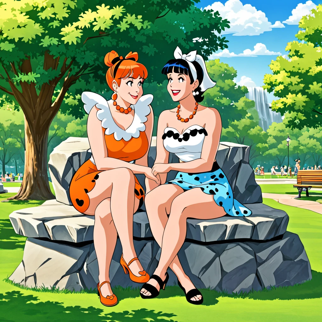 Fred and Wilma Flintstone sitting on a stone bench in the park