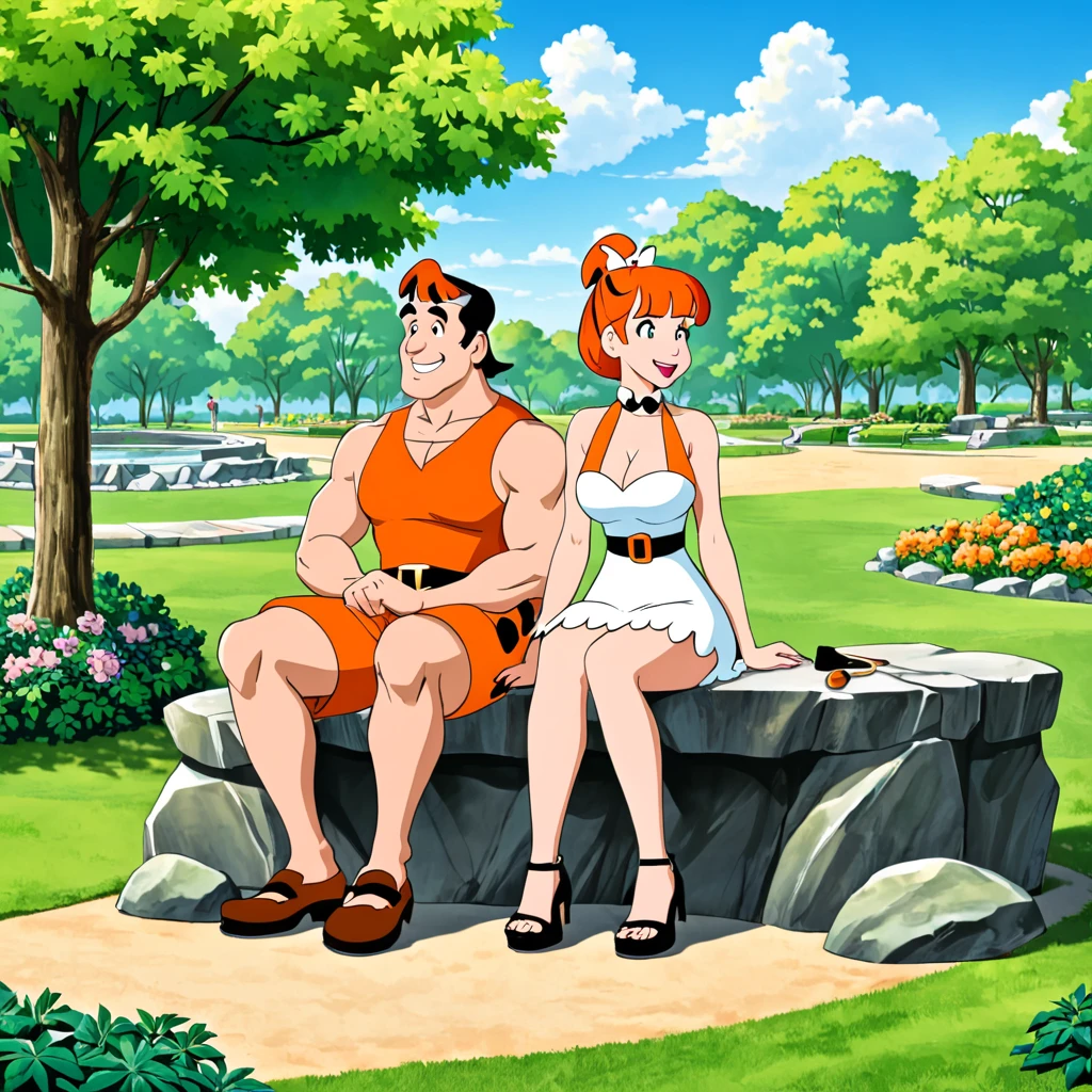 Fred and Wilma Flintstone sitting on a stone bench in the park