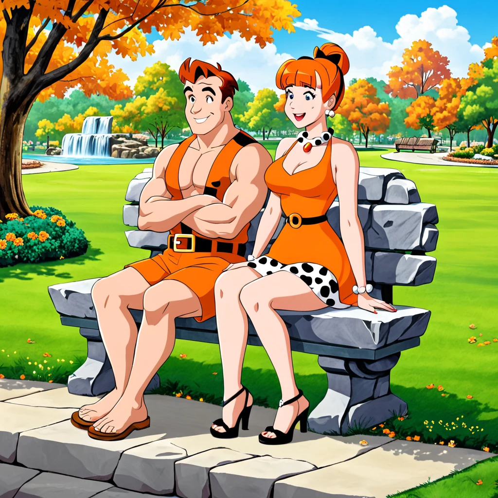 Fred and Wilma Flintstone sitting on a stone bench in the park