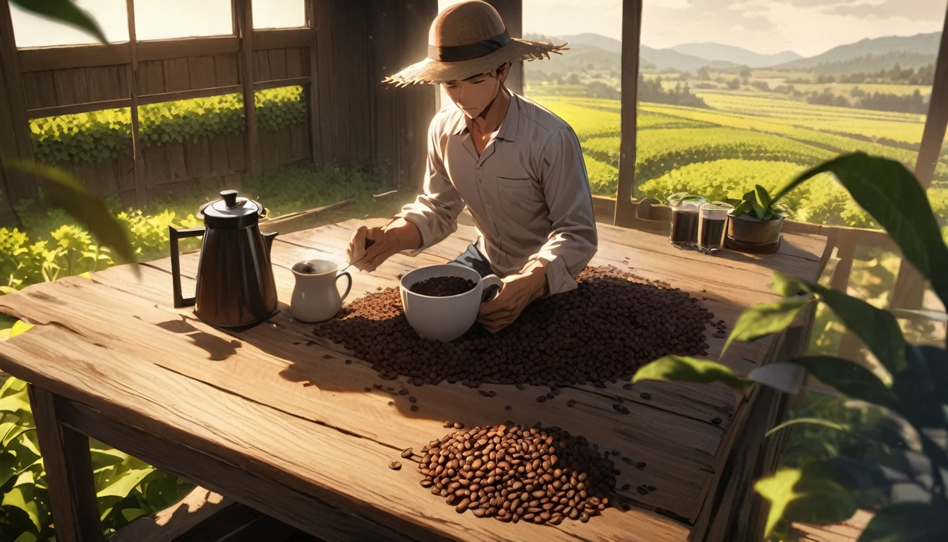 Create an image for a coffee advertising campaign with the following scenario: A green field with coffee plantations at dawn. In the center of the image, a robust and determined man, wearing practical work clothes (jeans, long-sleeved shirt and straw hat), is harvesting coffee beans with a look of pride and satisfaction. Next to him is a rustic table with a steaming cup of coffee, an antique coffee pot, and scattered coffee beans. The lighting is soft and natural, highlighting the beauty of the countryside and the man's dedication to his work.
