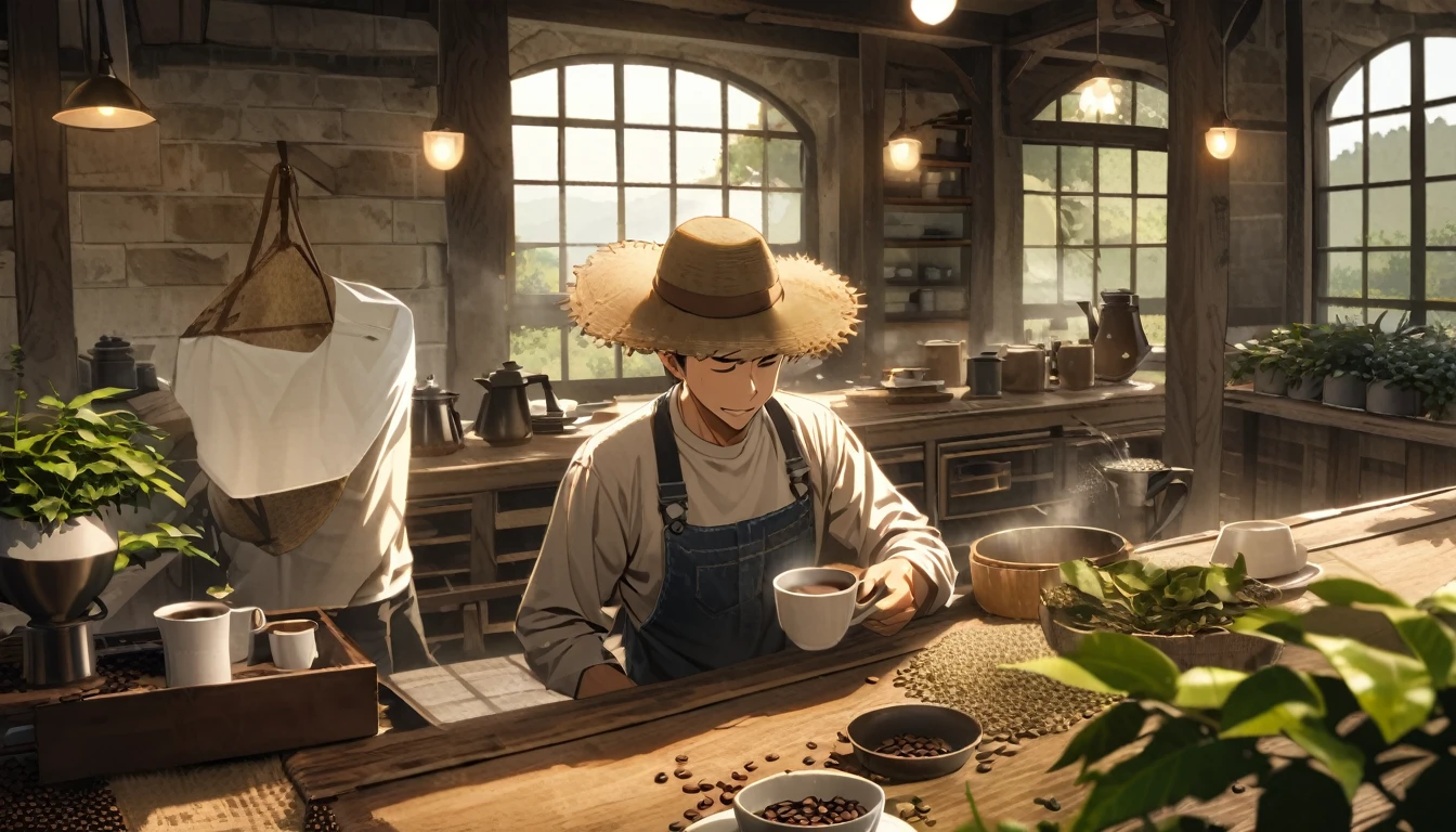 Create an image for a coffee advertising campaign with the following scenario: A green field with coffee plantations at dawn. In the center of the image, a robust and determined man, wearing practical work clothes (jeans, long-sleeved shirt and straw hat), is harvesting coffee beans with a look of pride and satisfaction. Next to him is a rustic table with a steaming cup of coffee, an antique coffee pot, and scattered coffee beans. The lighting is soft and natural, highlighting the beauty of the countryside and the man's dedication to his work.