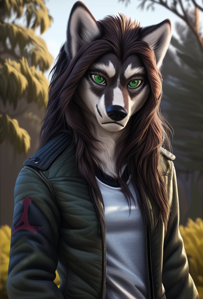 anthro (wolf), female, adult, (friendlyjordies:1.7), portrait, (realistic fur, detailed fur texture:1.2), detailed background, photorealistic, hyperrealistic, ultradetailed, looking at viewer, (best quality, high quality:1.4), jacket, shirt, (Jordan Shanks-Markovina:1.4), australia, long hair, female model, green eyes, brown hair, athletic, jaw,