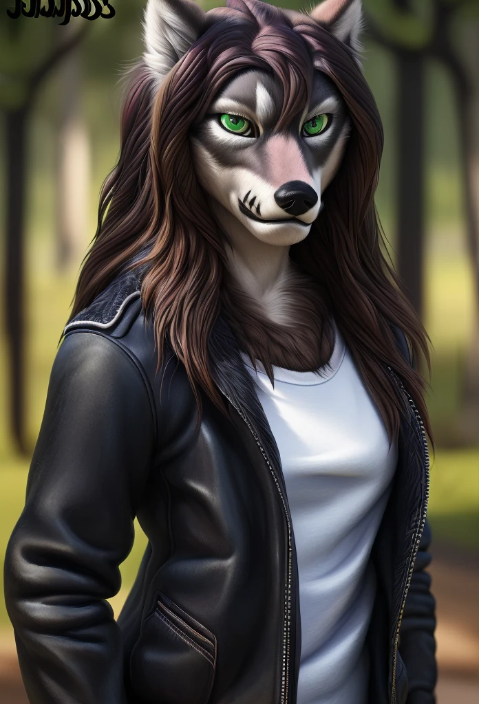 anthro (wolf), female, adult, (friendlyjordies:1.7), portrait, (realistic fur, detailed fur texture:1.2), detailed background, photorealistic, hyperrealistic, ultradetailed, looking at viewer, (best quality, high quality:1.4), jacket, shirt, (Jordan Shanks-Markovina:1.4), australia, long hair, female model, green eyes, brown hair, athletic, jaw,