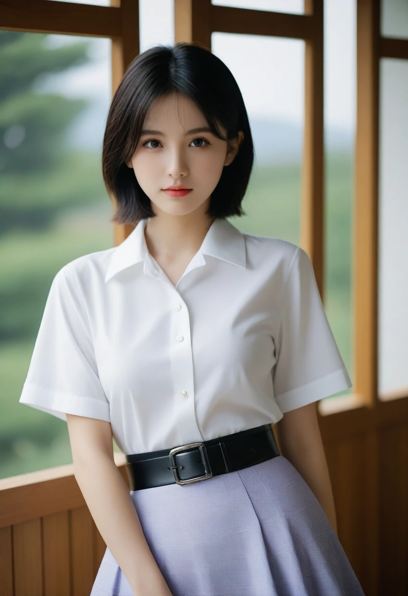 8K, Ultra-high resolution, Highest quality, masterpiece, 三分割法によるphotograph,Surreal, photograph, 1 Girl, (16 years old:1.3), pretty girl, Cute face, Beautiful eyes in every detail, 細かくdetailedに,masterpiece,, One Girl:1.2, Japan Female Announcer,whole body,(Absurd, High Fantasy Art, Best HD images, 注意深くdetailedに, 非常にdetailedな特徴と質感), Solo Character, 16 years oldの野蛮な少女, She has short black hair, Purple eyes with black pupils, Flat Chest, Slim texture, Very thin lips, White skin, (Scottish short skirt, White blouse with collar, silver meral belt between her Scottish short skirt and belly), Confident pose, Very serious face, No Sense of Humor Irish Wooden Cottage with Ancient Greek and Celtic Furniture, Attractive thighs, Sensual,A carefree smile,Heal the heart,Black Hair,Short Bob,Looking at the audience、beauty,Long neck、Laugh a little、Please close your mouth and laugh、(((Ideal body type))),A cup small breasts :2,、Portraiture:2、Perfect Anatomy、鮮明なdetailed、detailed、Surreal、Light and shadow,Strong light