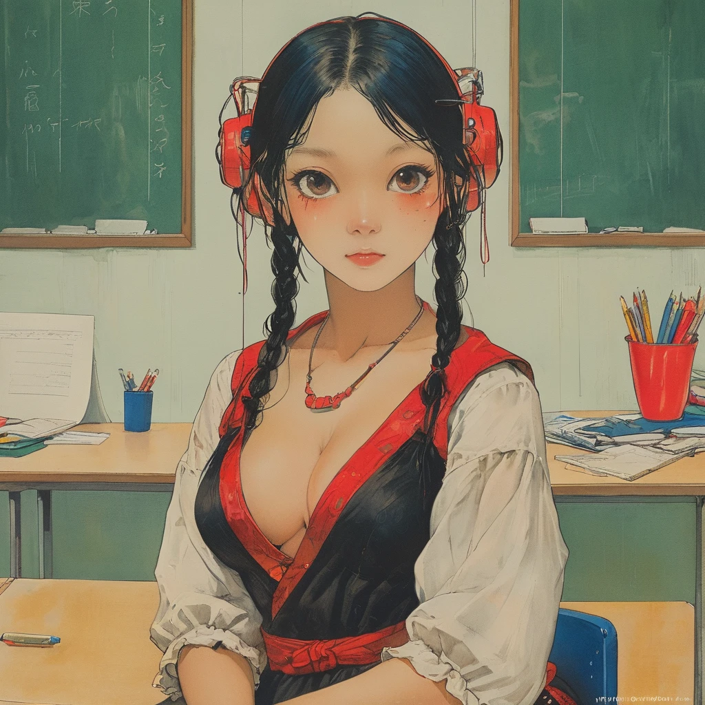 (masterpiece:1.2, best quality), 1lady, solo, , classroom, day, sit, blonde, twintails, red eyes, open collabone, darkskin, (open breasts:1.1),