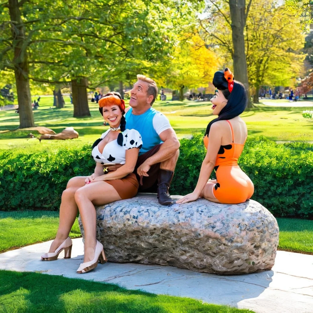 Fred and Wilma Flintstone sitting on a stone bench in the park