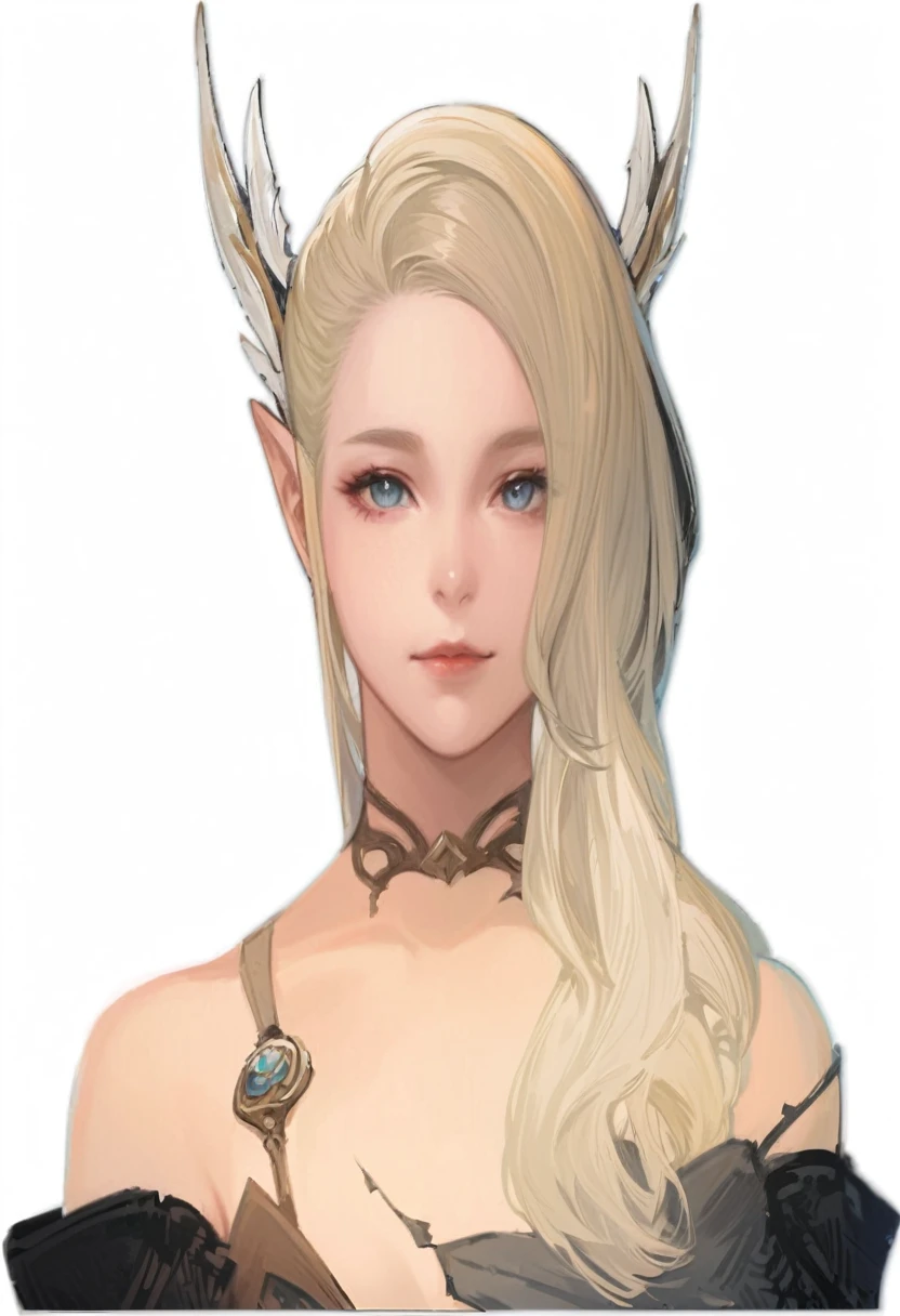 Close-up of a woman with long blonde hair in a dress, Lineage 2 Revolution Style, Final Fantasy 14 Style, Female Elf, elven character with smirk, I will, Female Characters, (((gone crazy))) Elf Princess, Elf Girl, Lalafell, From System 2, FF14, Pale milky porcelain skin, Elf portrait