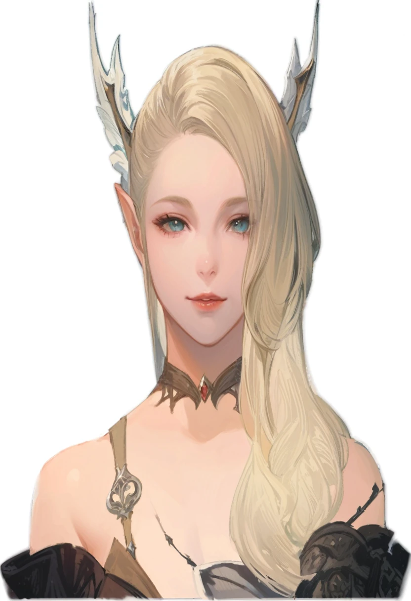 Close-up of a woman with long blonde hair in a dress, Lineage 2 Revolution Style, Final Fantasy 14 Style, Female Elf, elven character with smirk, I will, Female Characters, (((gone crazy))) Elf Princess, Elf Girl, Lalafell, From System 2, FF14, Pale milky porcelain skin, Elf portrait