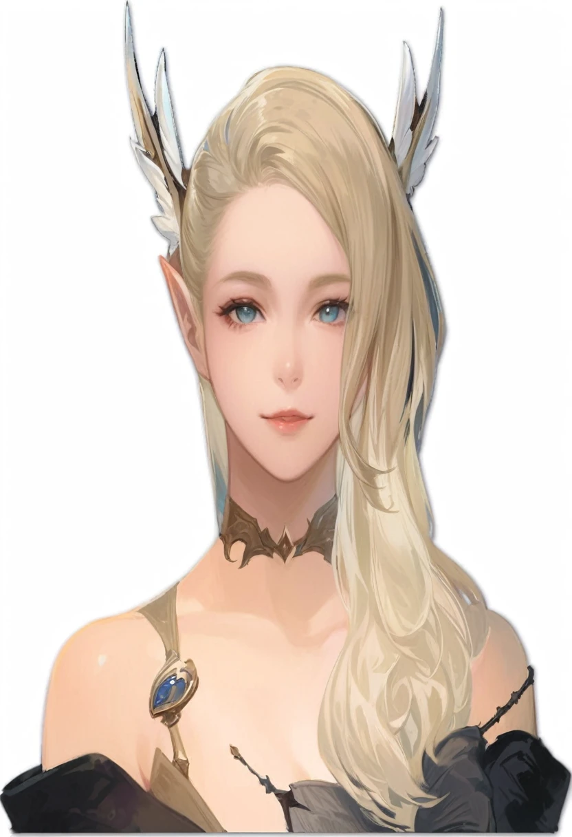 Close-up of a woman with long blonde hair in a dress, Lineage 2 Revolution Style, Final Fantasy 14 Style, Female Elf, elven character with smirk, I will, Female Characters, (((gone crazy))) Elf Princess, Elf Girl, Lalafell, From System 2, FF14, Pale milky porcelain skin, Elf portrait