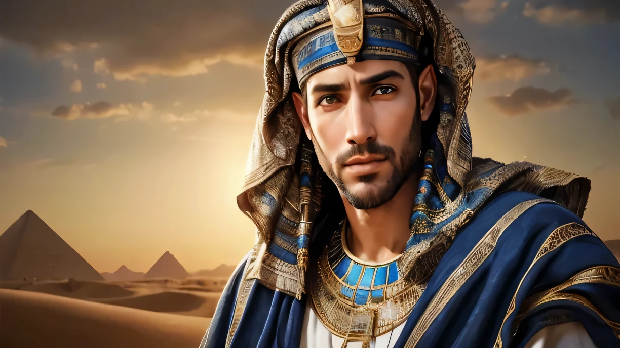 (Best Quality,4k,8k,high,master part:1.2),ultra detailed,(realist,photorealistic,photorealistic:1.37),biblical historical scene,Hebrew man,37 years, with a pretty face,beautiful detailed brown eyes,beautiful detailed lips,Egyptian tunic clothing with Egyptian style.,Ancient Egypt setting